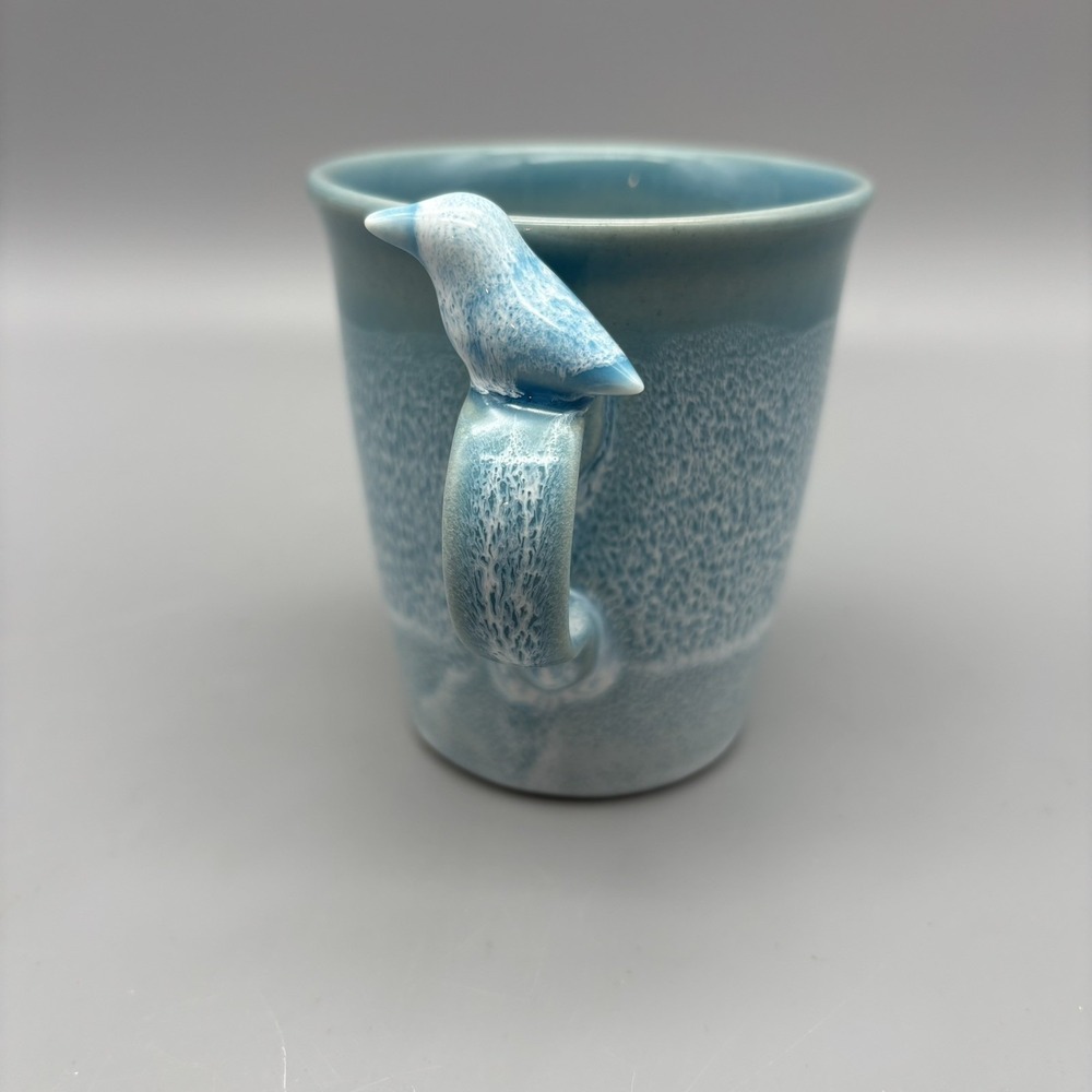 Studio Art Pottery Mug Teal Glazed W/Bird On Handle Signed Bird Lover - Picture 2 of 8